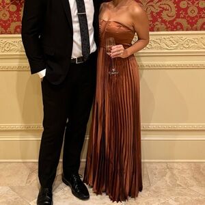 Lulus perfected elegance mauve satin pleated strapless maxi dress.